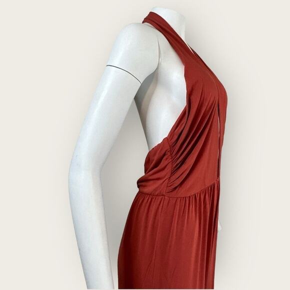 NWT | Krisa | Plunge Halter Flare Jumpsuit | Burnt Orange | Large - Picture 13 of 15